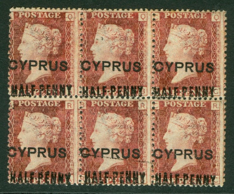 SG 8 Cyprus 1881. ½d on 1d red plate 201 block of 6, 5 stamps being unmounted...