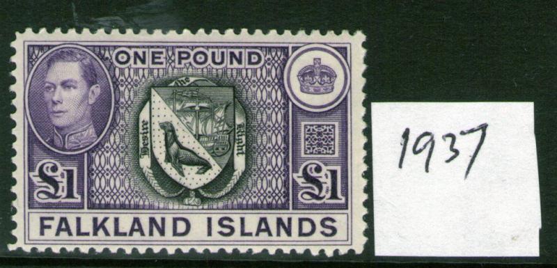 FALKLAND ISLANDS £1 H93a Black/Dull voilet 1st Issue . hinged, Cat.£175 verified