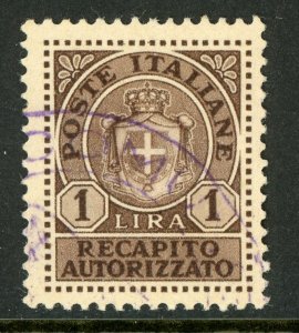 Italy 1946 Authorized Delivery 1 Lire Scott #EY5 VFU F318