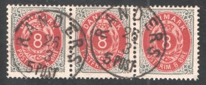 Denmark #28, Used, Strip of 3, F/VF    .....  1672638
