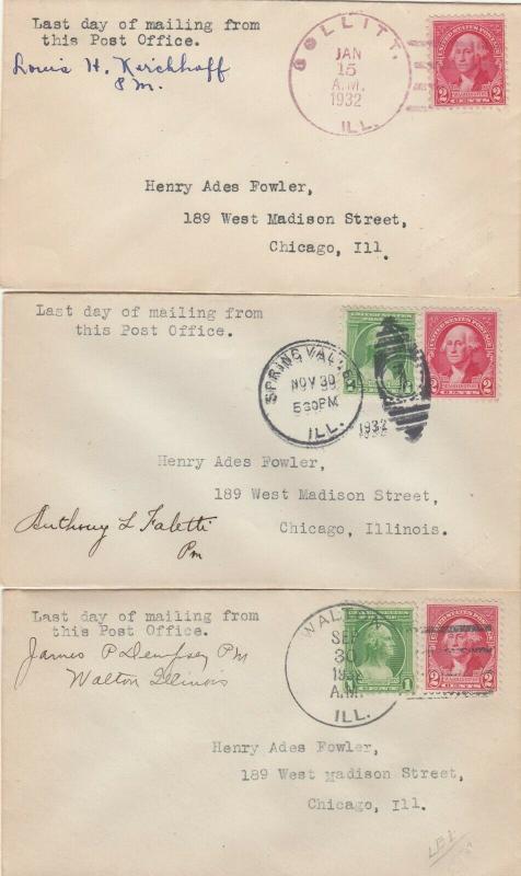 12 Covers Illinois Last Day DPOs 1931 - 1933 Some Signed by Postmaster