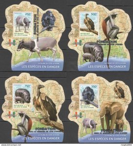 Lx224 Imperf Silver 2014 Ivory Coast Endangered Species 1619-2 Cardboard 4Bl Mnh