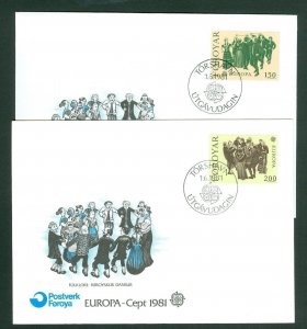 Faroe Islands. 2 FDC Cachet 1981. Compl. Set. Europa III Folklore. Engr: Slania