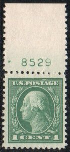 US #498 VF mint never hinged, plate number, Super!