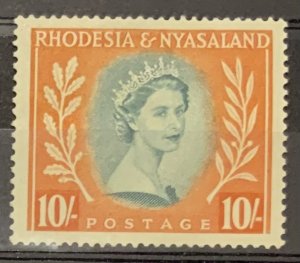 RHODESIA AND NYASALAND 1954 DEFINITIVE 10/- SG14 LIGHTLY MOUNTED MINT .TINY THIN