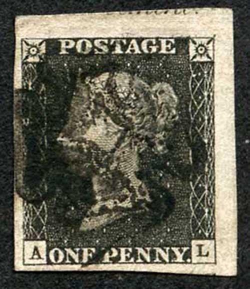 Penny Black (AL) Plate 1b HUGE Margins late printing Line across Letter Square