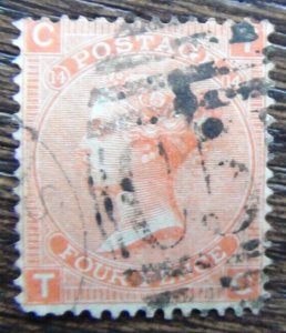 Great Britain 1865 - 1867 4d Vermillion Used Plate 14 SG95