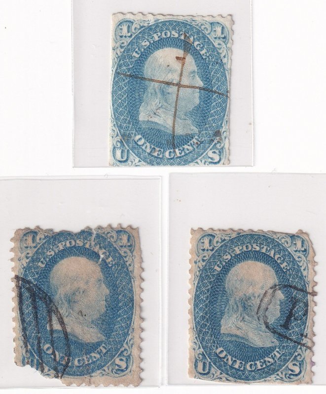 USA Stamps - 1861 Benjamin Franklin 1C_ x3 _shades(Paid/Fancy/Pen cancel)DAMAGED