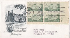 1958, 200th Anniv. Gunston Hall, Plate Block, Art Master, FDC (E11640)