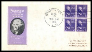 1938 Prexy Sc 807-1 with Harry Ioor cachet Presidential Series Jefferson (AN