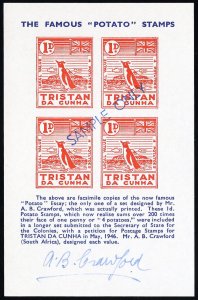 Tristan Da Cunha Stamps XF Sample Signed Potato Souvenir Sheet