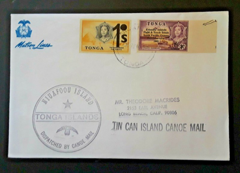 1970 Niuafo'ou Island Tonga To Long Beach CA Tin Can Canoe Mail With Enclosure
