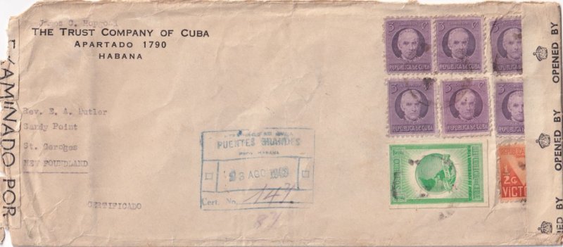 1943 Havana, Cuba to St Georges, New Foundland Certified mail dual cens. (C5880)