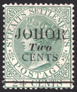 Malaya Johore 1891 2c on 24c Green SG 17 Scott 16 type c MLH Cat £28($37)