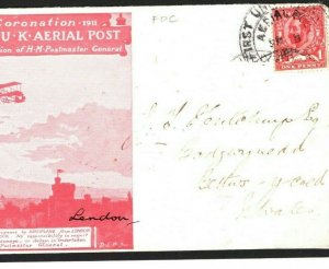 GB FIRST Air Mail FLIGHT FDC First Day Cover 1911 SIGNED DESIGNER *Lendon* MC189