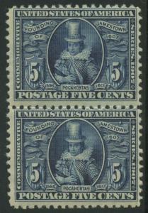 #330 VERTICAL PAIR 5c JAMESTOWN MINT OG VLH CV $250 AU628