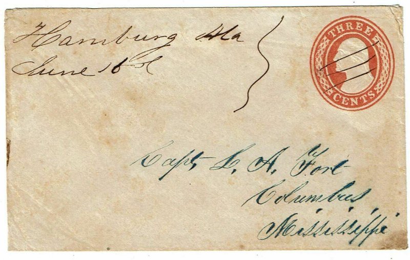 1856 Hamburg, AL (DPO) manuscript cancel on 3c Nesbitt envelope