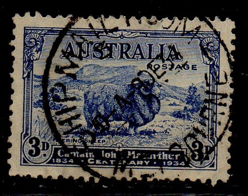 Australia Sc  148 1934 3d dark blue sheep stamp used