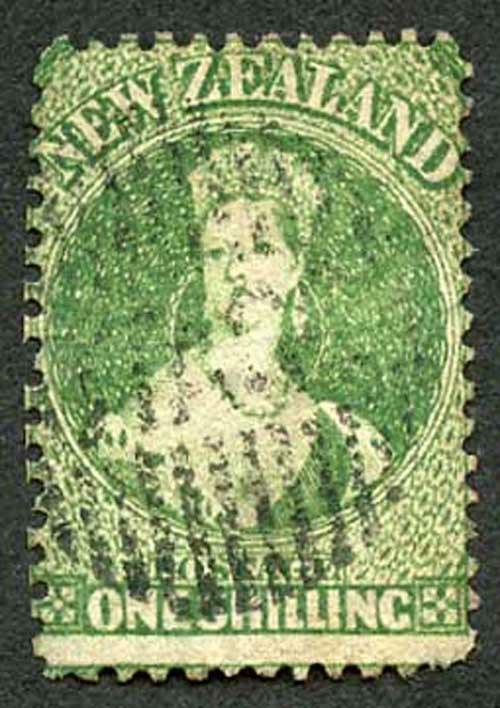 New Zealand SG78 1/- Dull Green Perf 13 Fine used cat 425 pounds