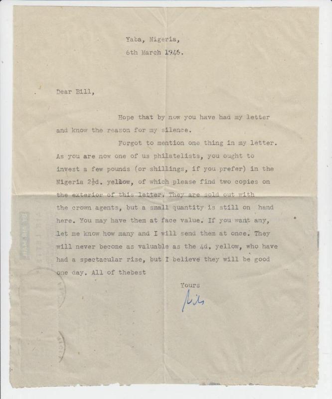 NIGERIA (YABA) TO UK 1946 AIR LETTER 6d RATED (SEE BELOW