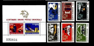 ROMANIA Sc 2486-92 NH SET+S/S of 1974 - UPU 
