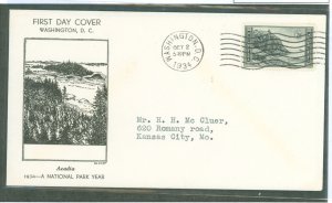US 746 1934 7c Acadia, Part of Natl. Park Series, single on an addressed, typed, FDC with a Clara Fawcett Cachet