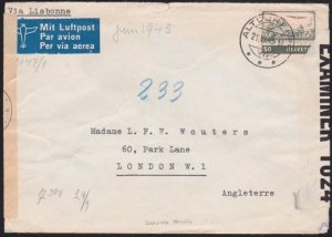 SWITZERLAND 1943 DOUBLE CENSOR airmail cover to London via Lisbon..........A9575