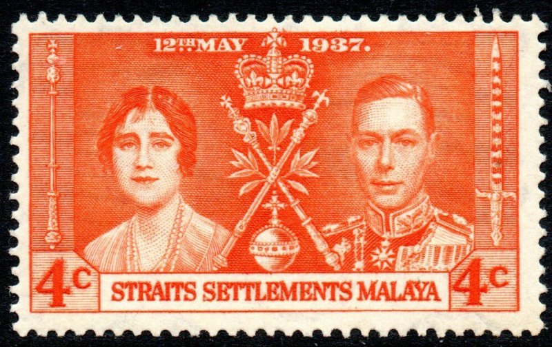 1937 Strait Settlement Sg 275 4c Coronation 'Gash On Queen's Forehead' MM