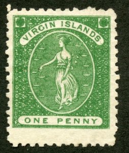 Virgin Islands Scott 1 Unused HNG - 1866 1p Virgin and Lamps - SCV $55.00