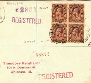 TURKS & CAICOS KGV SG.167 Cover Block 2½d {4} Registered USA Chicago 1929 AB362
