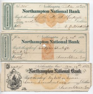 3 different 1872-1873 revenue stamped paper checks Northampton MA [y8261]