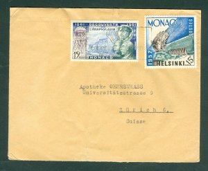 Monaco. 1953. Cover Used. Sc# 300 Olympic Helsinki + Sc# 305 Anaphylaxis. Adr.