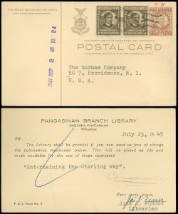 1947 LINGAYEN, PANGASINAN PHILIPPINES, Mixed Franking R.P. & COMMONWEALTH on PC!