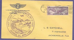 19S22  FLORENCE, S.C. - PITCAIRN AVIATION 1931 CAM 19 FIRST FLIGHT AIRMAIL COVER