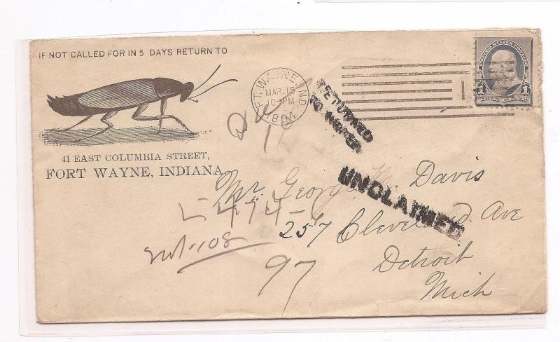 US 1894 1c Franklin unclaimed, return to sender, insect cachet ad cover (bam)