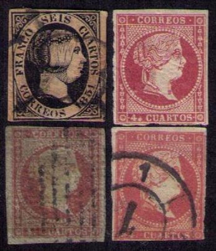 4 Ea Spain 1851/1856 Queen Isabella II Scott 6,37,41,(#45 MNH)3 Cancelled