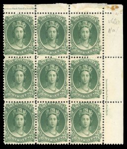 Nova Scotia #11 Cat$180+, 1860 8 1/2c green, imprint block of nine, never hin...