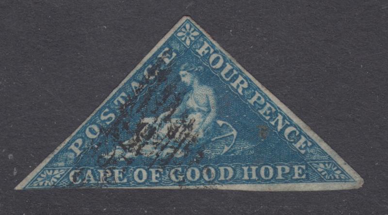 Cape of Good Hope Sc 2, SG 2, used.  1853 4p deep blue Hope Seated, blued paper