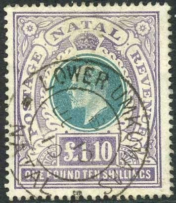 Natal SG143 One pound 10 shillings Green and Violet Cat 130 pounds