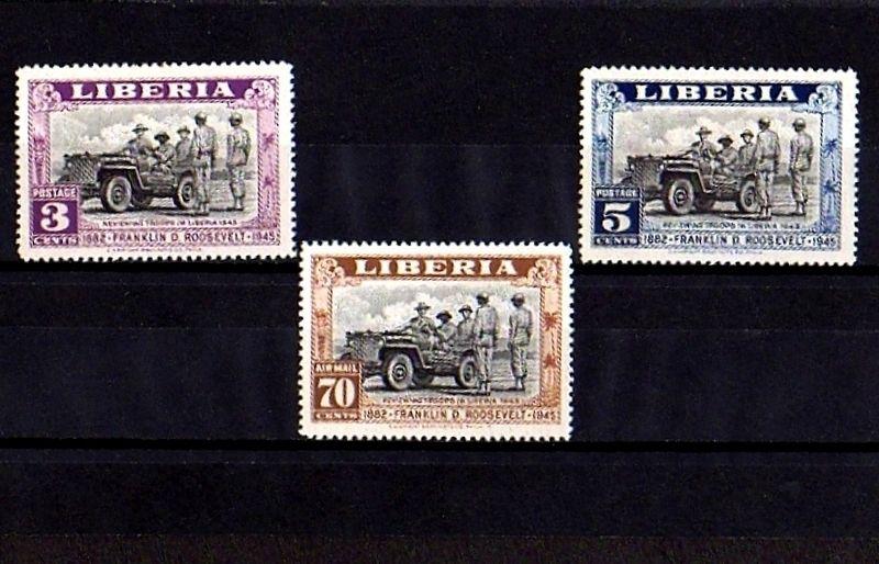 LIBERIA - 1945 - FDR - FRANKLIN ROOSEVELT- JEEP - TROOPS - MINT - MNH SET!