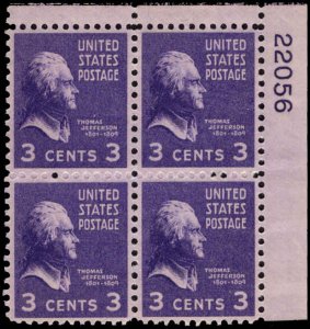 US #807 THOMAS JEFFERSON MNH UR PLATE BLOCK #22056 DURLAND $1.25