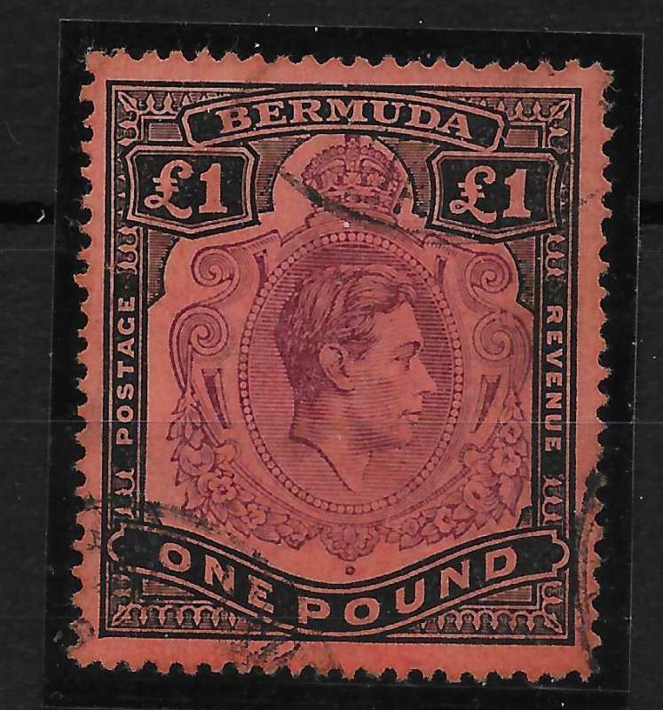 BERMUDA SG121be 1943 £1 PALE PURPLE & BLACK ON PALE RED BROKEN TAIL VAR USED