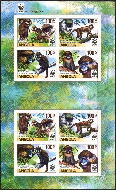 Angola 2011 WWF Monkeys Macaques Sheet of 8 Imperf. MNH