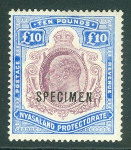 SG 82s Nyasaland 1908. £10 purple & dull ultramarine, overprinted specimen...