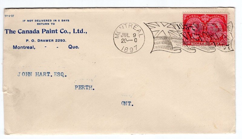 Canada 1897 Montreal Victoria Jubilee Flag Cancel Scott 53 to Perth ON Cover