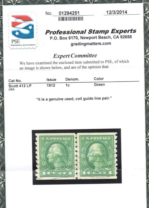 USA #412 Extra Fine Used Line Coil Pair **With Certificate**