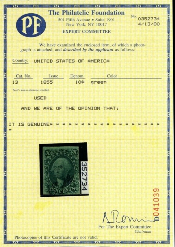 13, Used 10¢ F/VF RARE Sound Stamp With PFC Certificate Cat $800.00- Stuart Katz