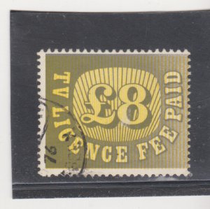 Great  Britain GB £8 TV License Fee Paid Revenue Stamp Used