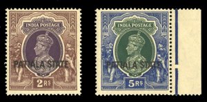 Indian States - Patiala #93-94 Cat$70+ (for hinged), 1938 2r and 5r, never hi...
