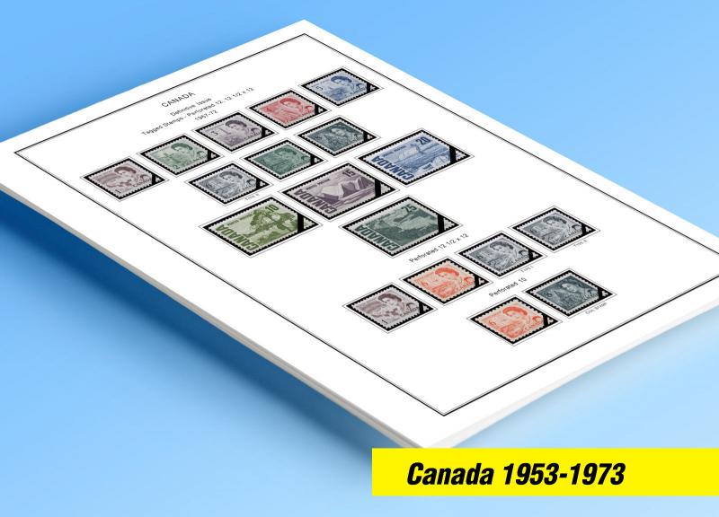 COLOR PRINTED CANADA 1953-1973 STAMP ALBUM PAGES (32 illustrated pages)